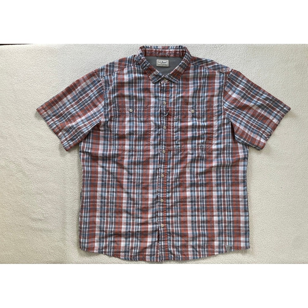 LL Bean Mens Large Short Sleeve Plaid Button Down Shirt Orange Blue Fishing Hike